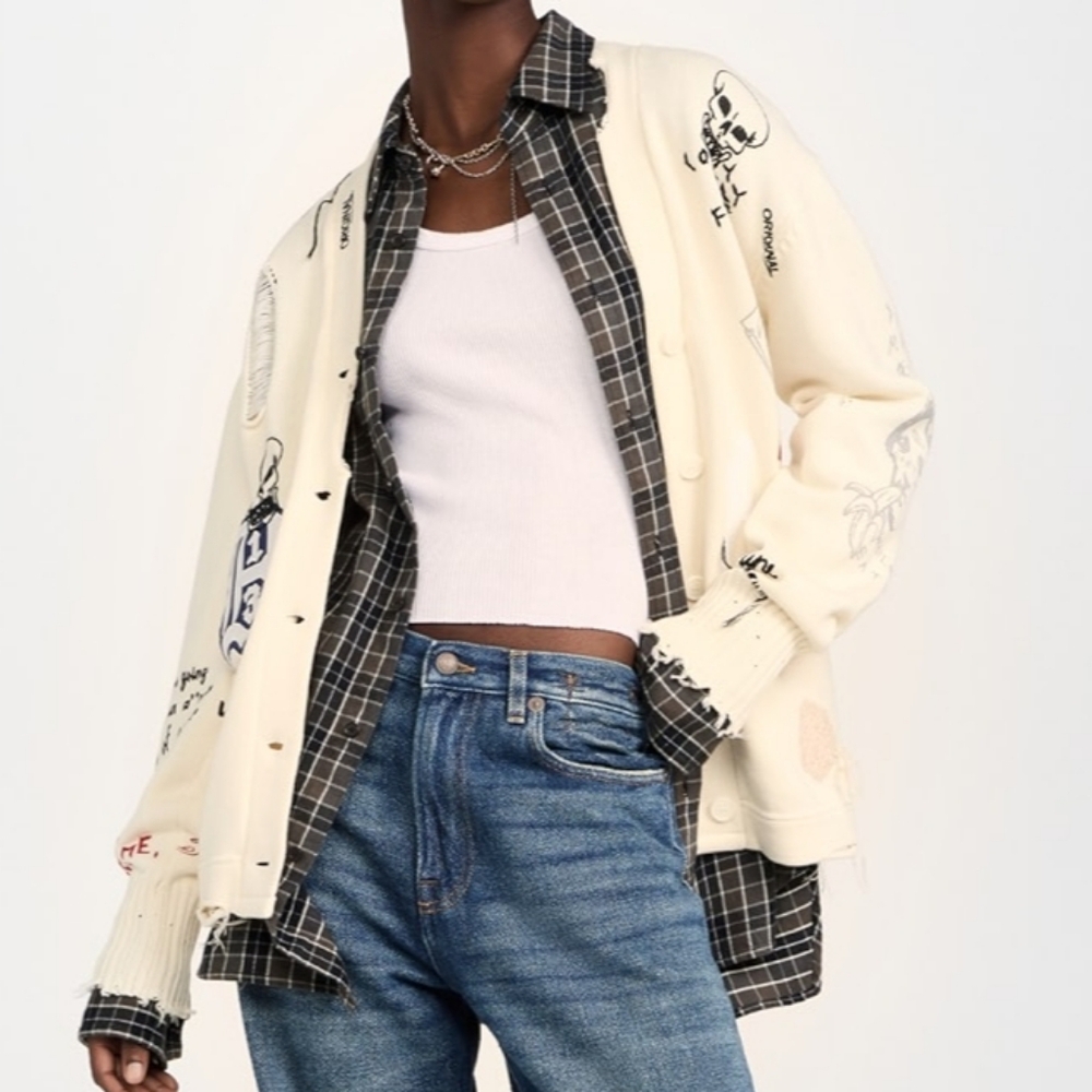 R13 Distressed Graffiti Cardigan Sweater